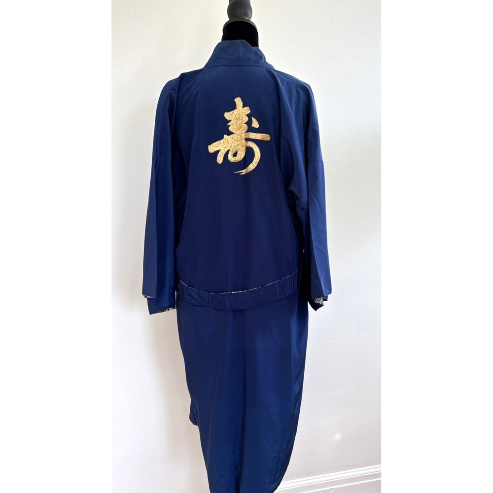 Vintage Made in Japan Blue Kimono‎ Robe Gold Kanji Mount Fuji Lining Sash 35in